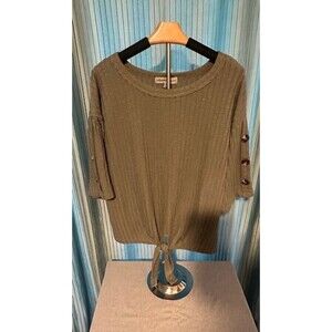 Absolutely Famous Olive Green Ribbed Tie-Front Top with Button Sleeve Detail XL